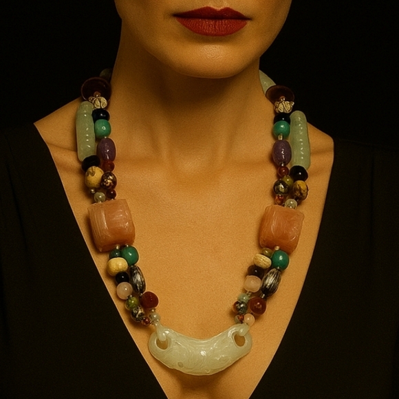 Vintage Asian-Inspired Carved Jade Multi-Stone Statement Necklace – Mixed Design